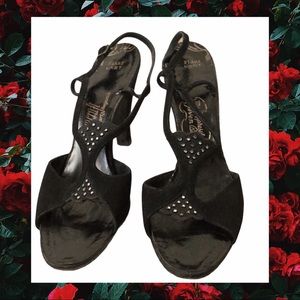 Vintage 60s Customcraft Black Suede Strappy Sandal Heels 8 Bejeweled
